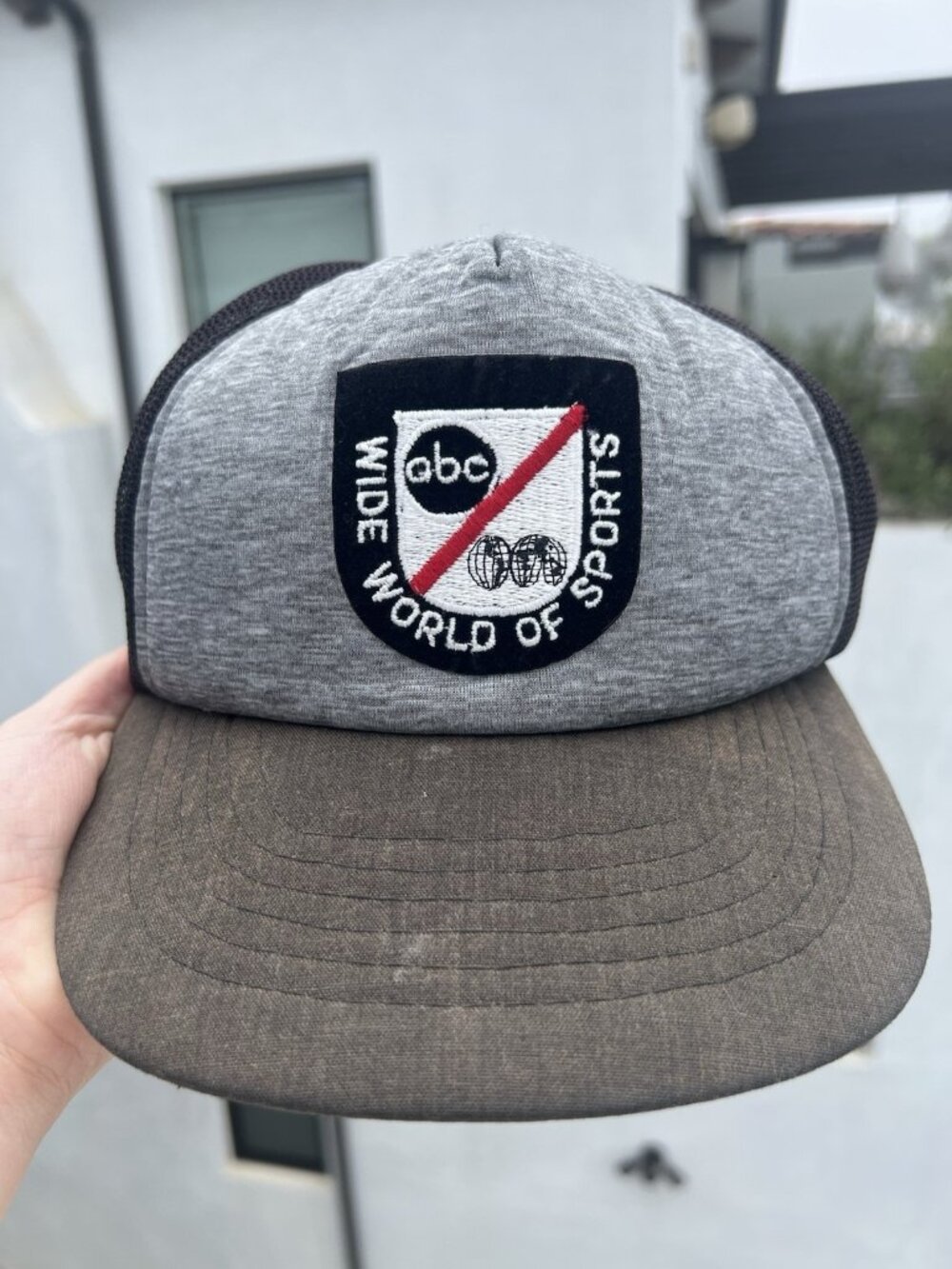 Vintage 80s ABC Wide World of Sports gray brown colorblock mesh trucker hat